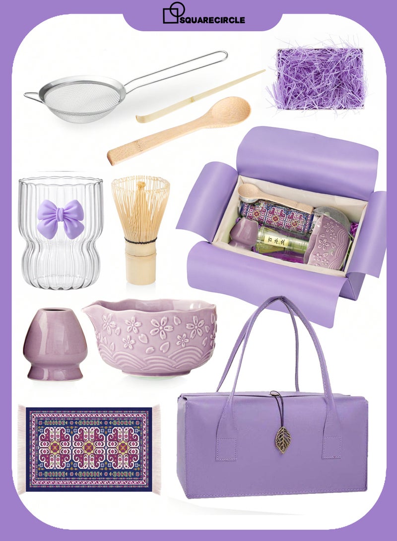 دائرة مربعة طقم ماتشا ياباني فاخر 8 قطع مع علبة هدايا بنفسجية – وعاء سيراميك، خفاقة خيزران، ملعقة، منخل، كوب زجاجي وحقيبة – طقم شاي ماتشا تقليدي مثالي للهدايا - Image 1